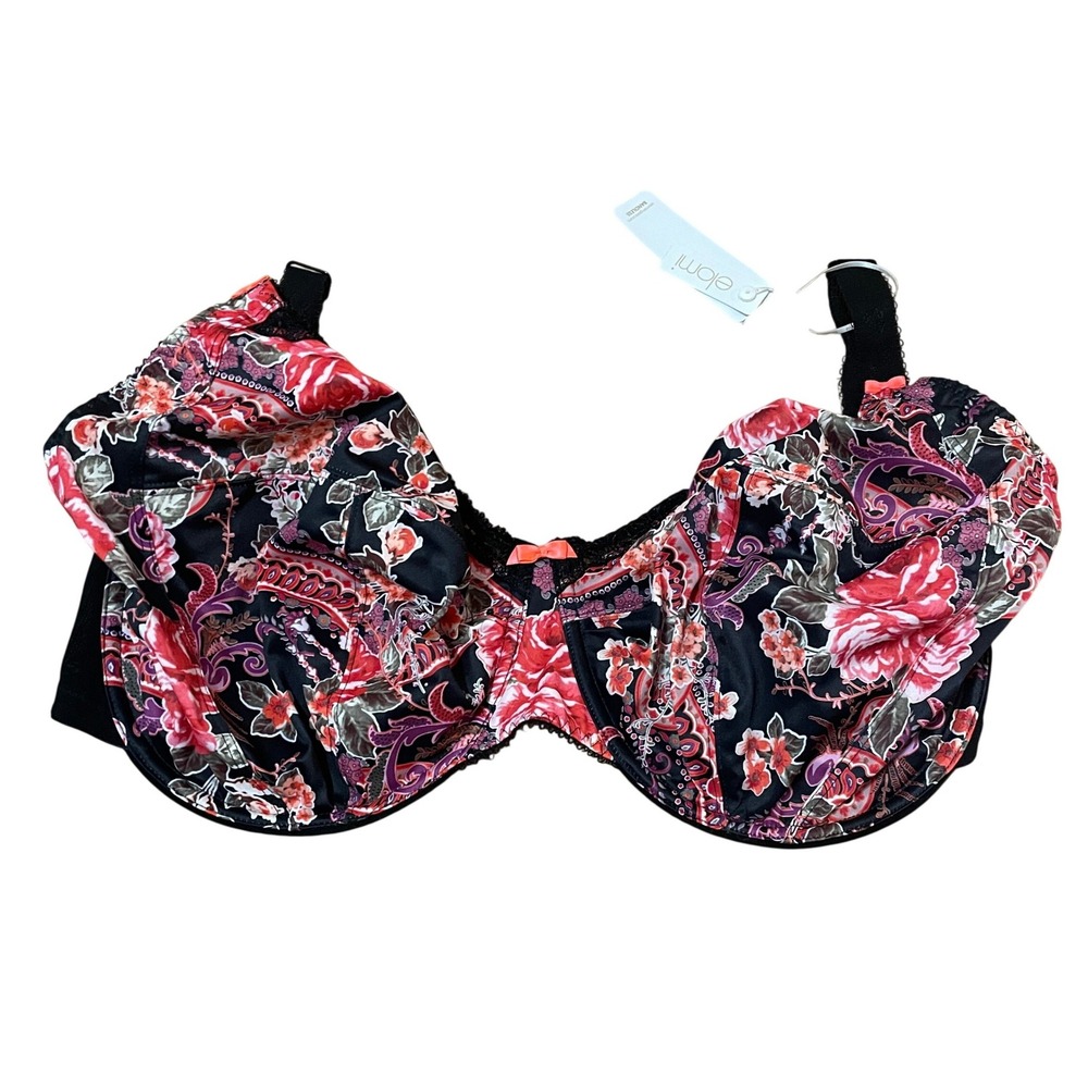 Elomi 34N Bandless Underwire Bra Black Floral Paisley EL8850BLK Supportive NWT